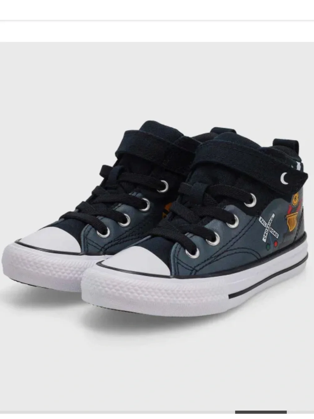 Converse Kids Black High-Top Sneakers with Multi-Color Train Graphic.